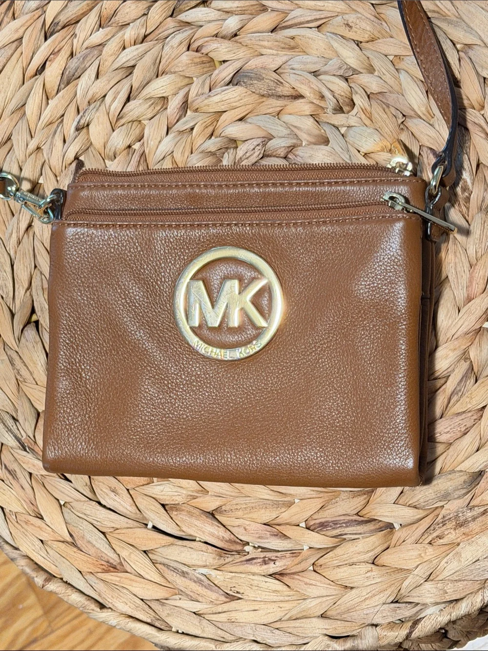 Michael Kors Brown Leather Crossbody Wallet Bag with MK Logo